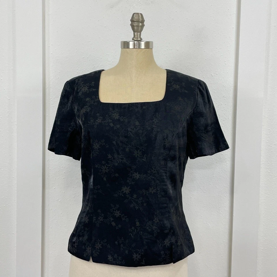 Donna Ricco 纽约衬衫女式黑色上衣 10 码方领晚礼服 — 第 1/4 张图片