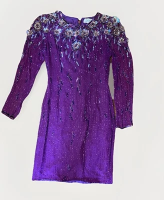 VESTIDO DE CÓCTEL JACQUELINE SEDA LENTEJUELAS CUENTAS AÑOS 80 DE COLECCIÓN TALLA 8? PÚRPURA Foto 1 de 4