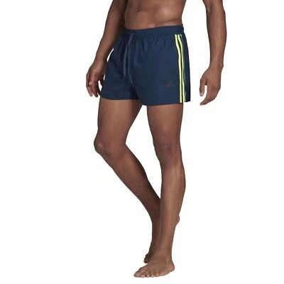 adidas Herren Badeshorts Ess 3 Streifen Board Shorts Badehose Navy Neon Gelb - Bild 1 von 4