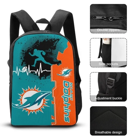 Miami Dolphins Shoulder Backpack 17” Travel Backpack Heartbeat Sport Style Cover