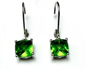 E90808LG Forest Green Helenite Cushion Cut 8mm Sterling Silver Dangle Earrings - Imagen 1 de 4