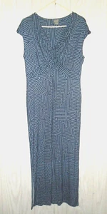 Chico’s 2 Size 12/14 Maxi Dress Long Cap Sleeve Blue White Black Slits V-Neck - Picture 1 of 17