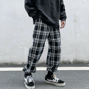 Mens Check Plaid Pants Elastic Waist Tapered Loose Trousers Joggers Bottoms Chic - Picture 1 of 12