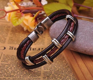 G230 Brown Cool Metal-Work Single Wrap Vintage Leather Bracelet Cuff Men's NEW - Picture 1 of 7