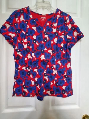 Landau Scrub Top Size M-VIBRANT Red/White/Blue Floral-Chest 20"/L 24.5" - Image 1 of 4