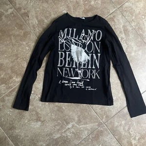 Black Zara Girls Long Sleeves Text T-shirt Size 13-14 - Picture 1 of 6