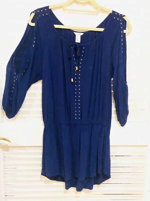 Forever 21 Cold Shoulder Dress Size Medium Blue Stretch Gold Buttons Women EUC - Image 1 of 4