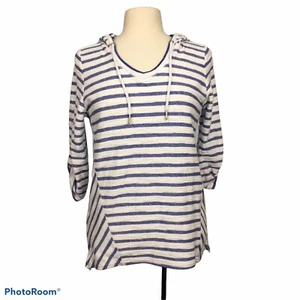 Calvin Klein Performance Blue White Striped Hooded Pullover Sweatshirt, Short Sl - Picture 1 of 8