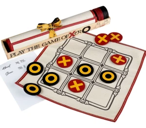 Tic Tac Toe Canvas Board Game 2 Player 11.5" Heavy Leather X O Pieces Cedar Tray - Picture 1 of 2