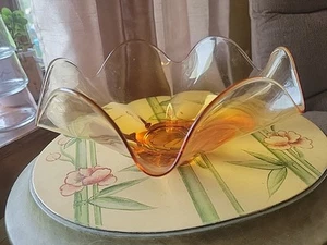 Vtg MCM Art Glass Bowl Amber Yellow Orange Scalloped Edge 6 Petals Retro - Picture 1 of 3
