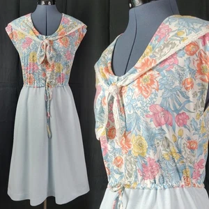 Vtg Jerell of Texas Dress w Floral Bodice w Oversized Collar & Blue Skirt Size 9 - Picture 1 of 23