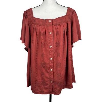 Torrid Women's Top Size 5 (5X) Madder Brown Embroidered Flutter Sleeve Blouse - Image 1 of 4