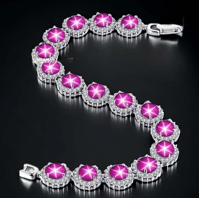 Браслет с розовой звездой сапфиром для нее твердое серебро 925 пробы круглый драгоценный камень - Изображение 1 из 4