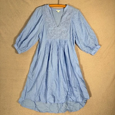 Sundance Embroidered V Neck Lizet Dress Size M Blue Gingham Cotton Boho Cottage - Image 1 of 4
