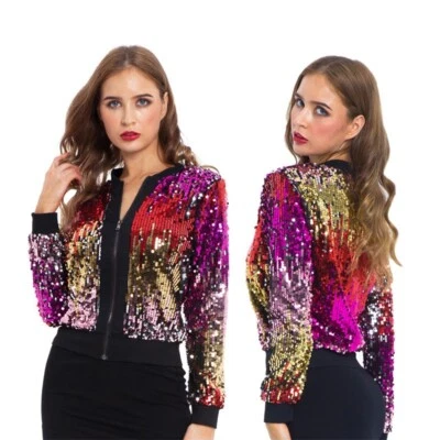 Mujeres Brillo Multicolor Lentejuelas Chaqueta Informal Adelgazante Corto Moda Prendas exteriores Nueva Foto 1 de 4