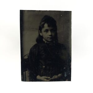 Dark Young Girl Child Tintype c1870 Antique Gem Plate Portrait Photo Art C2666