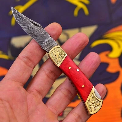 Navaja de bolsillo de acero Damasco hecha a mano personalizada hoja plegable/caza/camping EDC Foto 1 de 3