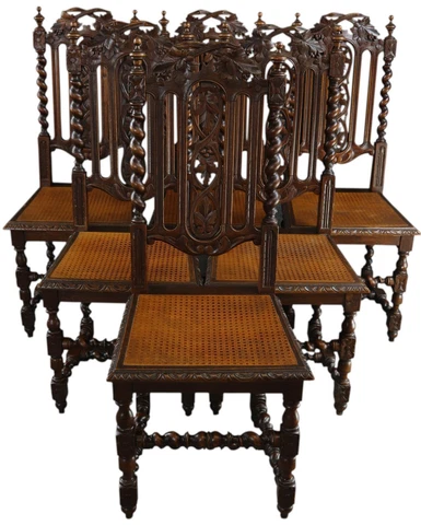Antique Dining Chairs Chair Hunting Renaissance Set 6 French Oak Cane Rattan Cover