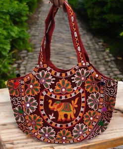 Handmade Embroidered Shoulder Bag - Ethnic Boho Gypsy Elephant Tote Handbag - Picture 1 of 6