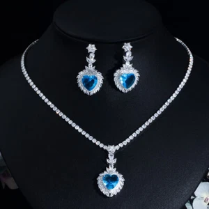 Silver Plated CZ Bridal Blue Heart Drop Wedding Necklace Earrings Jewelry Set - Picture 1 of 22