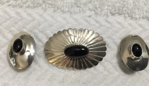 Sterling Silver Black Onyx Concho Brooch Pin & Clip on Earrings Unmarked Tested - Picture 1 of 8