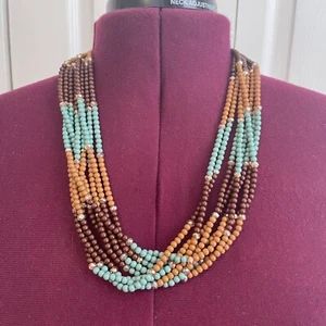 Fashion Brown Teal Green Acrylic Bead AB Crystal Multistrand Necklace Boho Bib - Picture 1 of 4