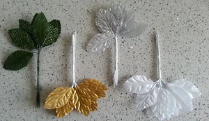 12 fabric silk artificial rose leaves on wires - Picture 1 of 6
