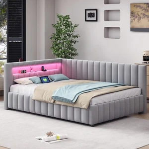 Tagesbett Polsterbett Doppelbett 140x200 mit LED Beleuchtung & USB Laden Grau - Bild 1 von 10
