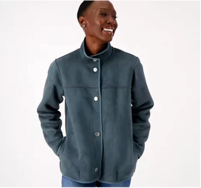 Denim & Co Canyon M Dk Slate Faux Suede Bonded Fleece Jacket w Collar A548343 - Image 1 of 4