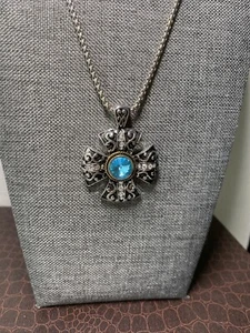 Fashion Sapphire & Silver Celtic Cross W/ Gold Trim Pendant Necklace 18” - Picture 1 of 3