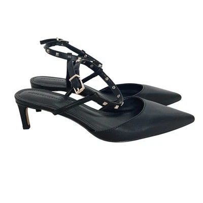 Tacones con correa tachonada de cuero real del mercado negro de la Casa Blanca negros 6,5 Foto 1 de 4