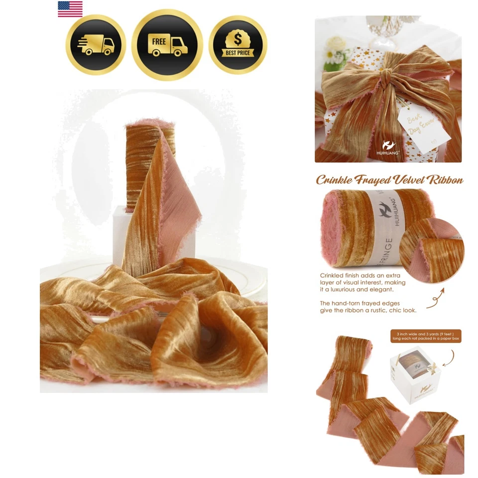 Velvet Ribbon Frayed Edged 3 Inch Cinnamon Crinkled Silk Wreath Deco - Image 1 of 4