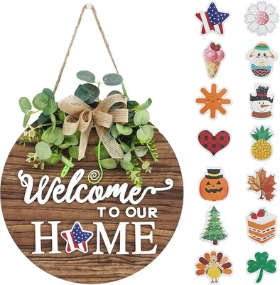 Interchangeable Seasonal Welcome Sign Front Door Decoration, Rustic Round Wood - Image 1 of 4