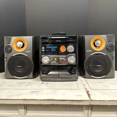 Philips Boombox FW-C550 Black Dual Cassette Deck 3 CD Changer w/ Speakers Read - Image 1 of 4