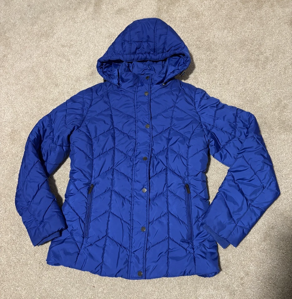 Abrigo chaqueta acolchada azul con capucha extraíble St Johns Bay para mujer, talla M Foto 1 de 4