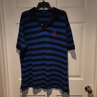 Men's sz L Black & Blue Stripe Short Sleeved Polo Shirt by Nautica - Image 1 of 4