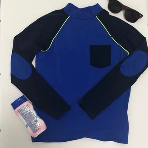 Lands’ End Kids Swim Shirt Rash Guard Blue/Navy & Neon Yellow Piping Size Small - Picture 1 of 4