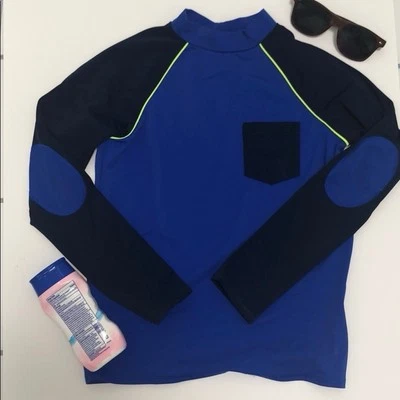 Camisa de natación Lands’ End para niños protección contra erupciones azul/azul marino y amarillo neón tubería talla pequeña Foto 1 de 4