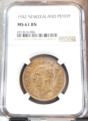 1942 NEW ZEALAND 1 PENNY GEORGE VI TUI BIRD NGC MS 61 BN SCARCE GREAT COIN - Image 1 of 3