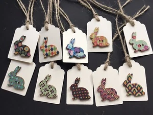 10 Cute Ivory Mixed Wooden Button Easter Bunny Rabbit Tags With Jute Ties - Picture 1 of 1