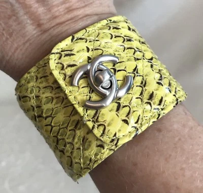 NIB CHANEL Yellow Black Python, Silver CC LOGO CUFF BRACELET, MEDIUM, 7.5” - Image 1 of 4