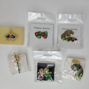 Mardi Gras Brooch lot of 6 pin clips Mask Fish Fat Tuesday Crown - Picture 1 of 5