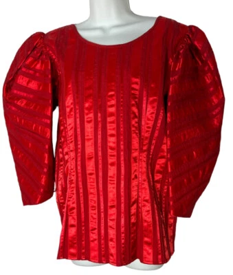 Tachi Castillo Women's Vintage Top 12 Red Satin Striped Cotton Party 80s - Image 1 of 4