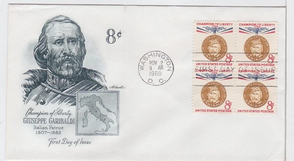 TurtlesTradingPost - Guiseppe Garibaldi 8 Cent 1960 #1169- Artmaster FDC Block 4 - Image 1 of 1