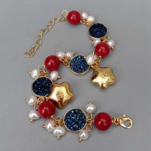 Cultured White Pearl Blue Titanium Druzy Red Coral Bracelet Wedding Party Gift - Picture 1 of 7