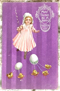 May Thine Be A Happy Easter Purple Foil Child with Chicks 1913 DB Postcard 375 - Picture 1 of 3