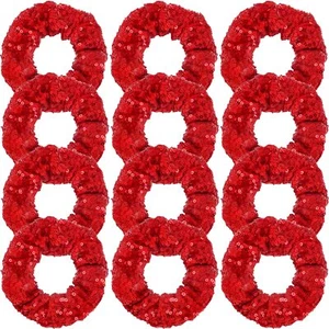 12 Pcs Red Sequin Hair Scrunchies Metallic Elastics Ponytail Holders Dance - Picture 1 of 7