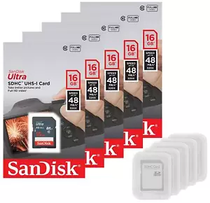 5 x SanDisk Ultra 16GB SDHC SDXC SD Class 10 Flash Memory Card Camera + Cases - Picture 1 of 2