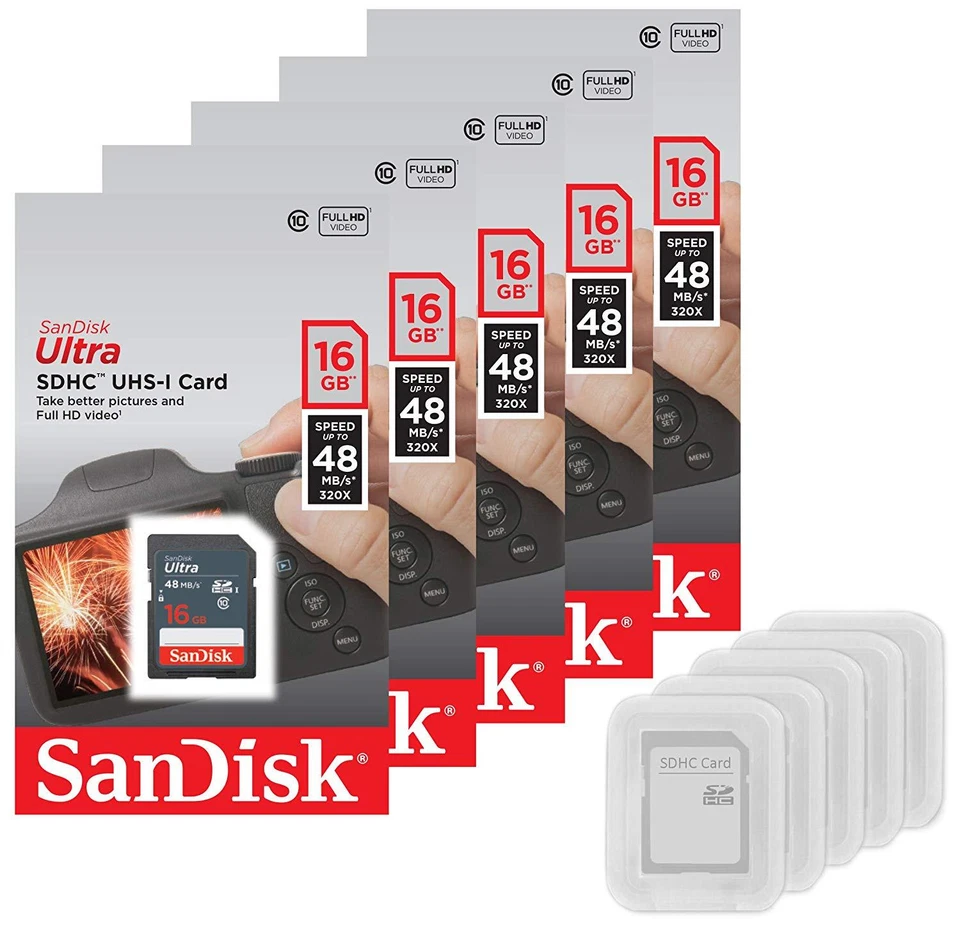 5 x SanDisk Ultra 16GB SDHC SDXC SD Class 10 Flash Memory Card Camera + Cases - Image 1 of 2