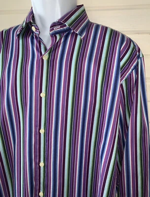 TALLIA Sz LARGE Button Up Shirt Purple Blue Turquoise Stripes Spread Collar EUC - Image 1 of 4